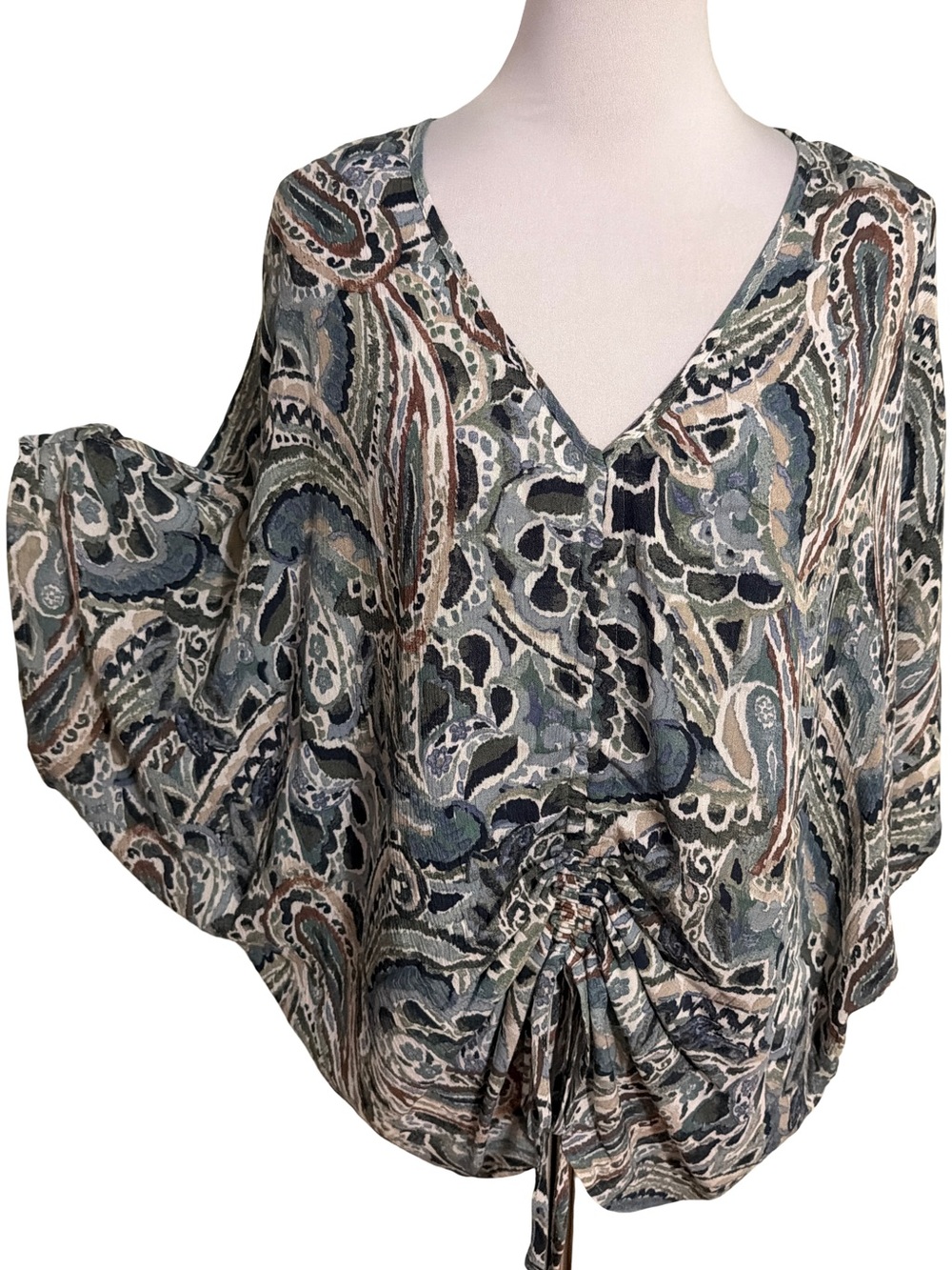 Daytrip V-Neck Paisley Drawstring Blouse - Gray & Blue